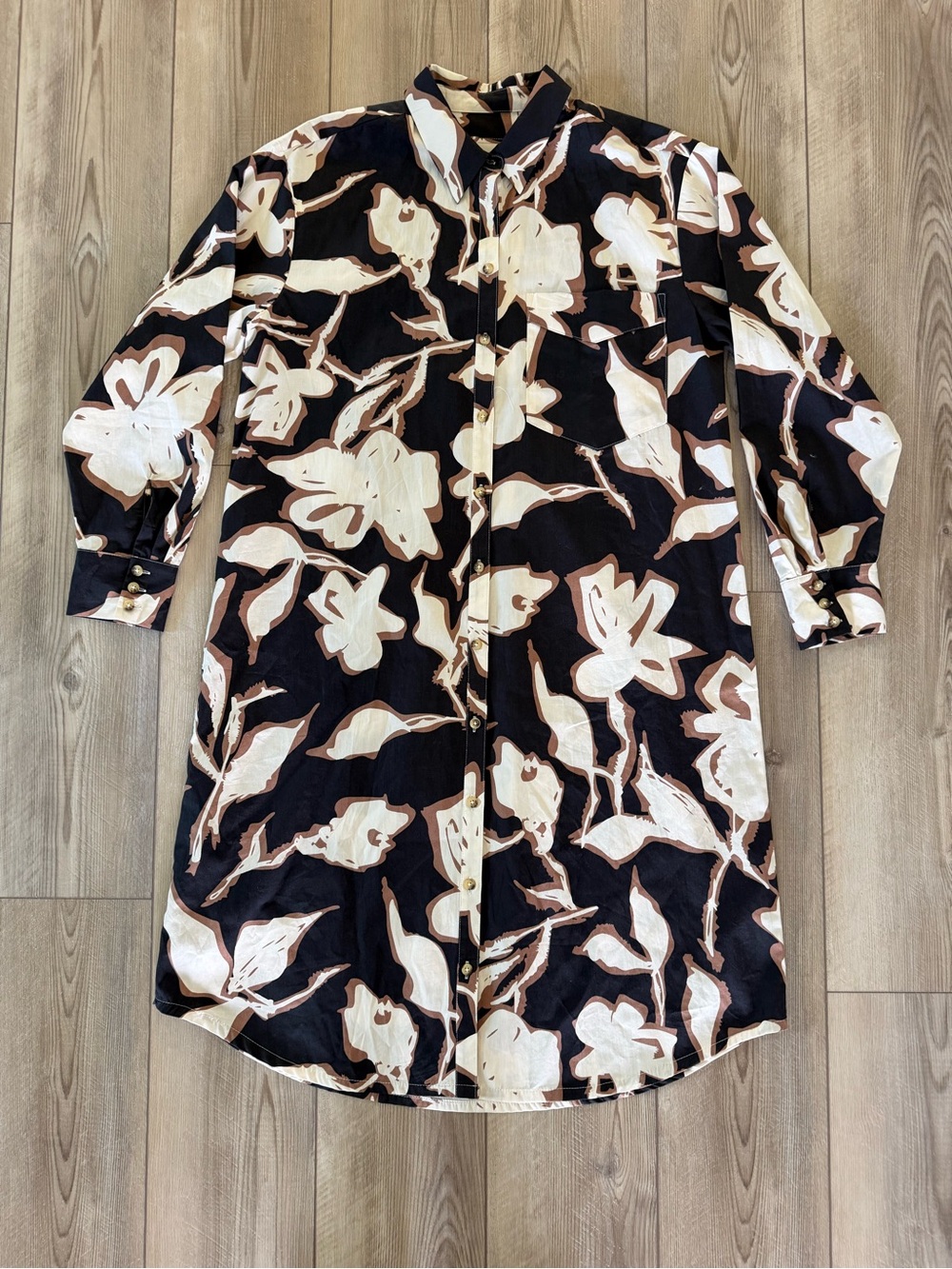 Anthropologie Maeve Soren L/S Midi Shirt Dress Black Brown Cream Floral Size M